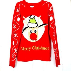 Qualfort Women's Ugly Christmas Reindeer Face & Nose Print Red Sweater Sz M